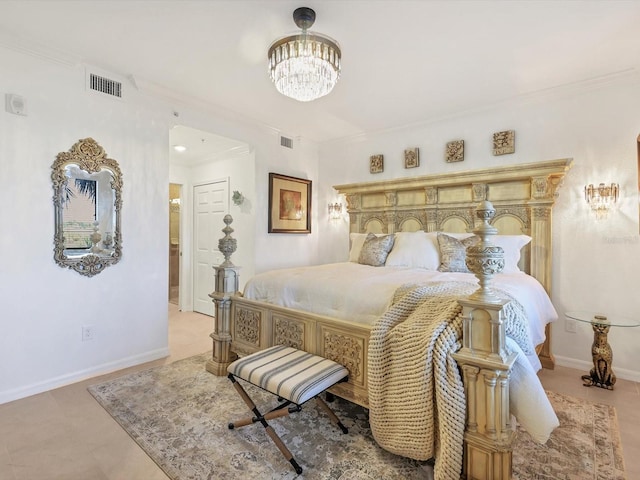 bedroom with ornamental molding and an inviting chandelier