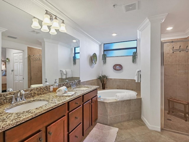 bathroom with vanity, an inviting chandelier, tile patterned flooring, ornamental molding, and shower with separate bathtub