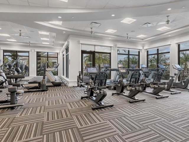 workout area with carpet floors, a wealth of natural light, and ceiling fan