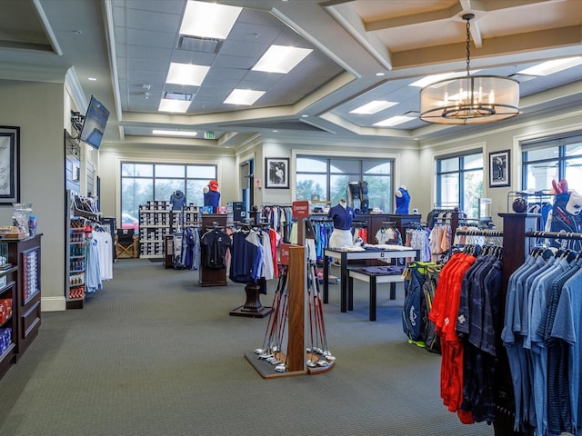 workout area featuring ornamental molding, a healthy amount of sunlight, and a notable chandelier