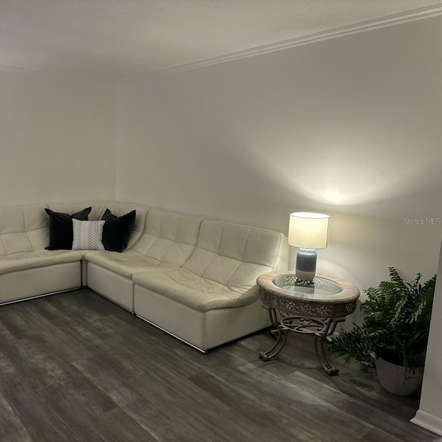 living room featuring dark hardwood / wood-style flooring and ornamental molding