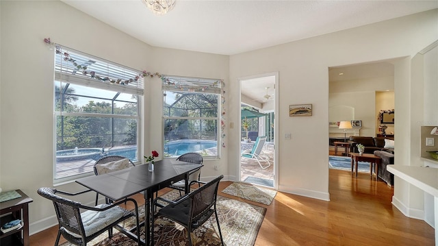 dining room with light hardwood / wood-style flooring and a healthy amount of sunlight