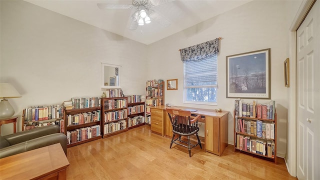 office space featuring ceiling fan and light wood-type flooring