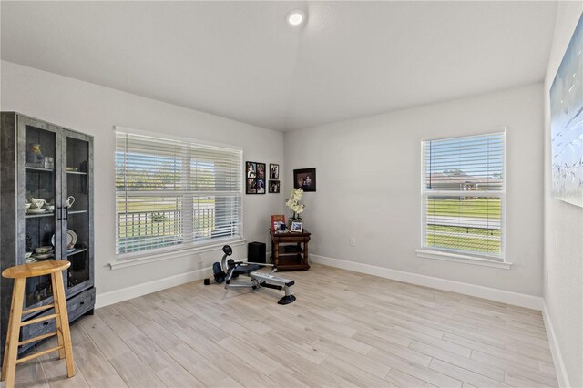 workout area with lofted ceiling, plenty of natural light, light wood-type flooring, and baseboards