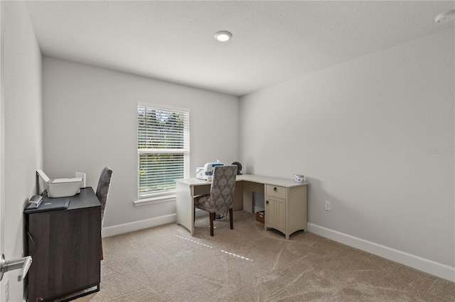 office with light colored carpet, a textured ceiling, and baseboards