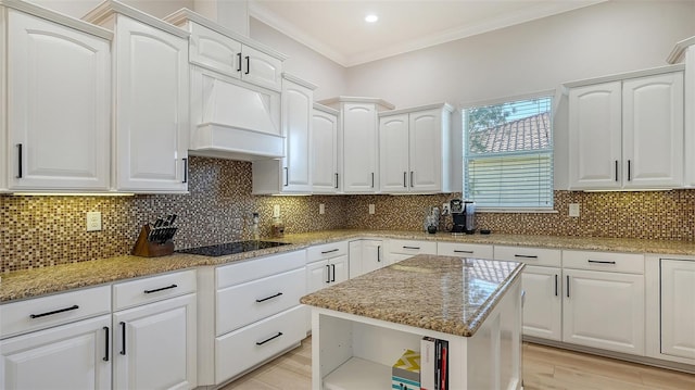 kitchen with tasteful backsplash, white cabinetry, and premium range hood