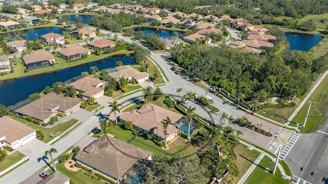 aerial view featuring a water view