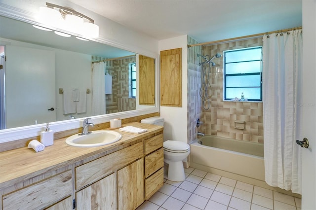 full bathroom with tile patterned flooring, vanity, toilet, and shower / tub combo with curtain