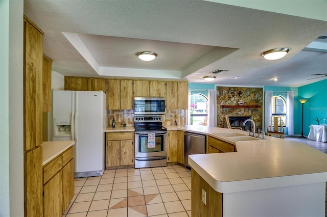 kitchen featuring kitchen peninsula, appliances with stainless steel finishes, a raised ceiling, and sink