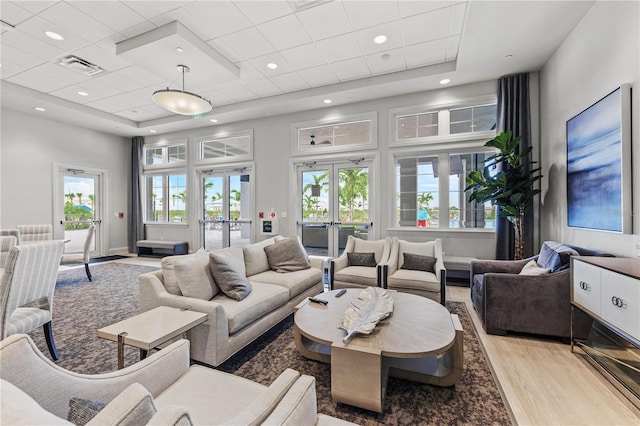 living room with french doors, light hardwood / wood-style floors, and a healthy amount of sunlight