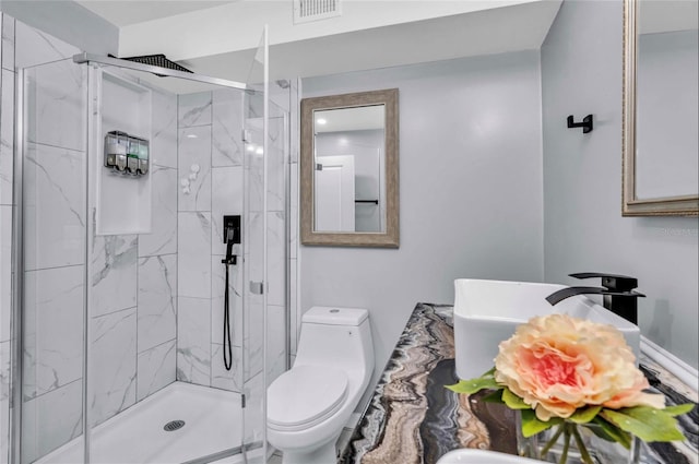 bathroom with vanity, toilet, and walk in shower