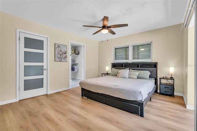 bedroom featuring ceiling fan and light hardwood / wood-style flooring