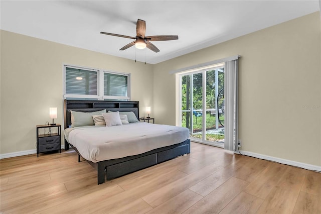 bedroom featuring ceiling fan, access to exterior, and light hardwood / wood-style flooring