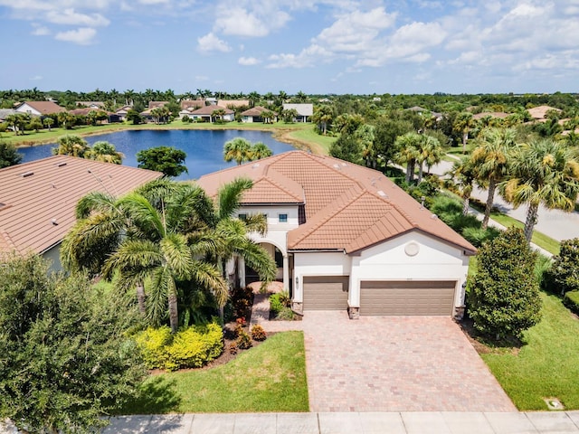 drone / aerial view featuring a water view