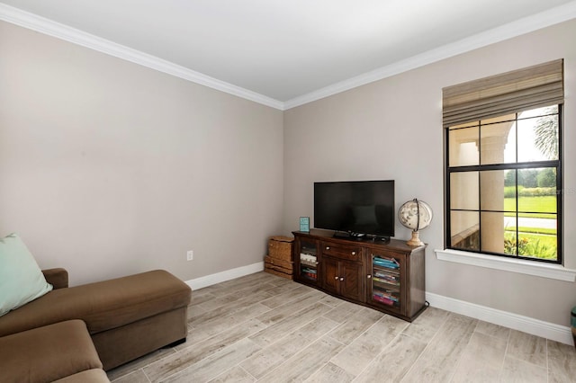 living room with light hardwood / wood-style flooring and ornamental molding