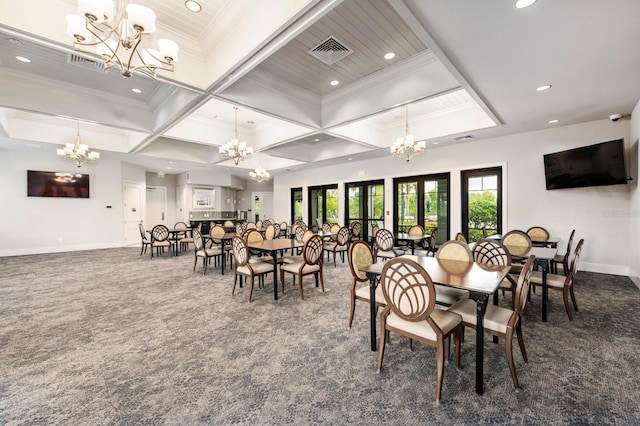 dining area with beam ceiling, crown molding, coffered ceiling, and dark colored carpet