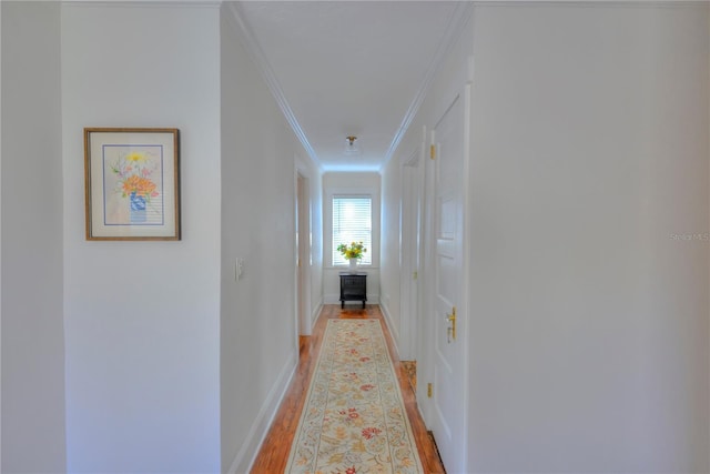 hallway with light hardwood / wood-style floors and ornamental molding