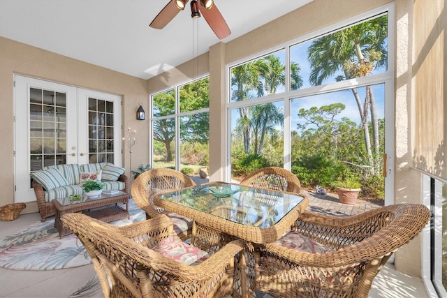 sunroom with french doors and ceiling fan