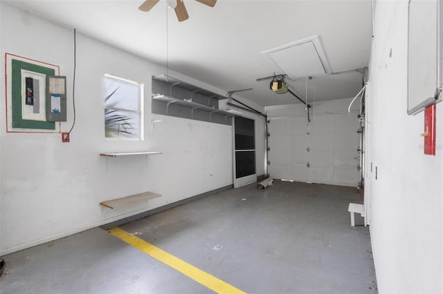 garage with electric panel, a garage door opener, and ceiling fan