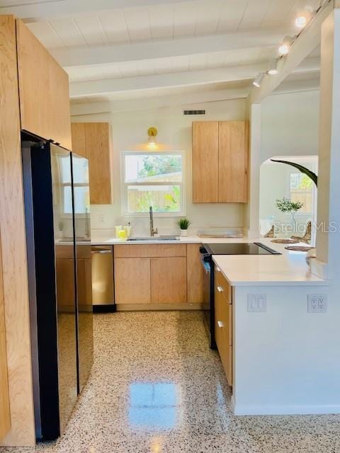 kitchen featuring stainless steel appliances, sink, light brown cabinets, wooden ceiling, and beamed ceiling