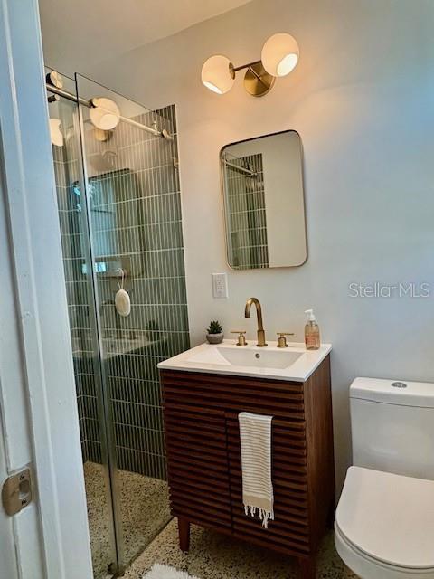 bathroom with vanity, an enclosed shower, and toilet