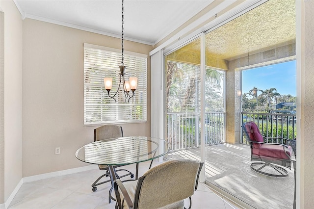 tiled dining area with ornamental molding and an inviting chandelier