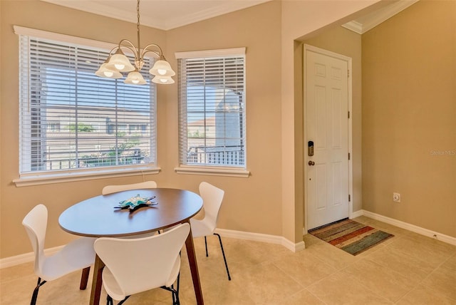 tiled dining room with ornamental molding and a notable chandelier