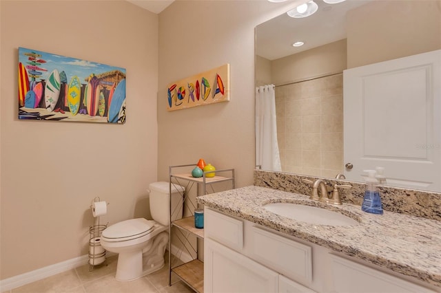 bathroom with walk in shower, vanity, toilet, and tile patterned flooring