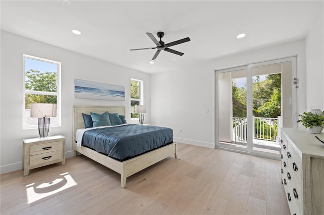 bedroom with ceiling fan, light hardwood / wood-style floors, and access to exterior