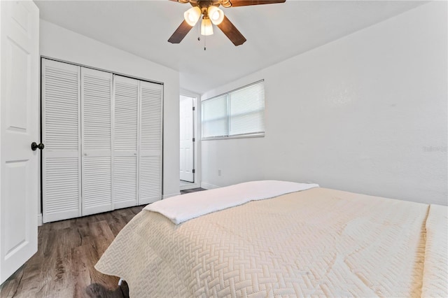 bedroom featuring a closet, ceiling fan, and dark wood-type flooring