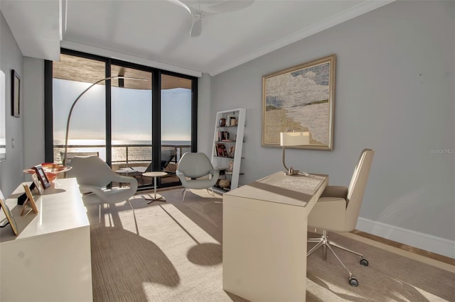 carpeted home office featuring ceiling fan, expansive windows, and crown molding