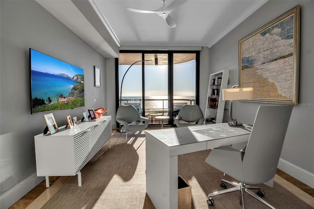 office space featuring floor to ceiling windows, crown molding, and ceiling fan