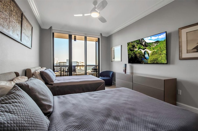 bedroom featuring access to exterior, ceiling fan, and ornamental molding