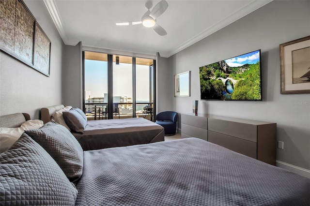 415 L Ambiance Dr Unit A801, Longboat Key, FL 34228 - bedroom featuring ornamental molding, ceiling fan, and a wall of windows