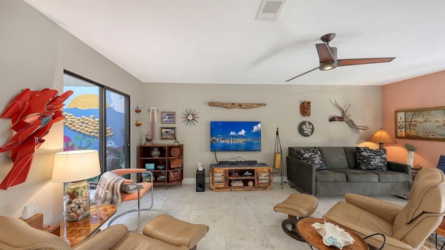 living room with ceiling fan