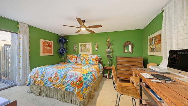 bedroom featuring access to outside, ceiling fan, and light tile patterned floors