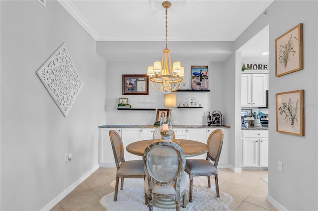 dining room with light tile patterned floors, an inviting chandelier, and ornamental molding