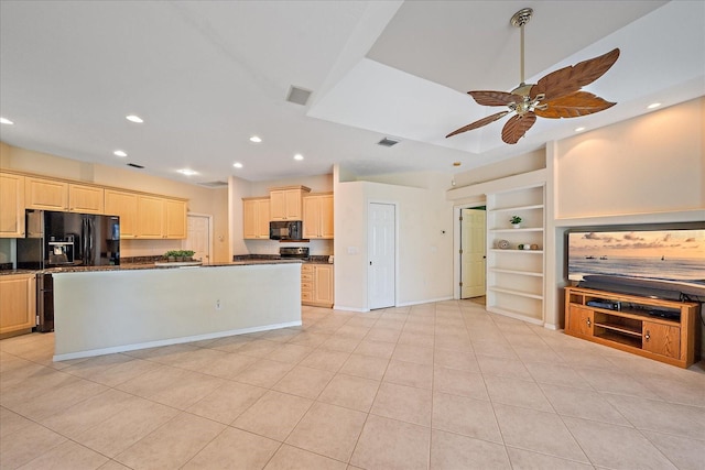 kitchen with black appliances, light brown cabinets, built in shelves, ceiling fan, and light tile patterned floors