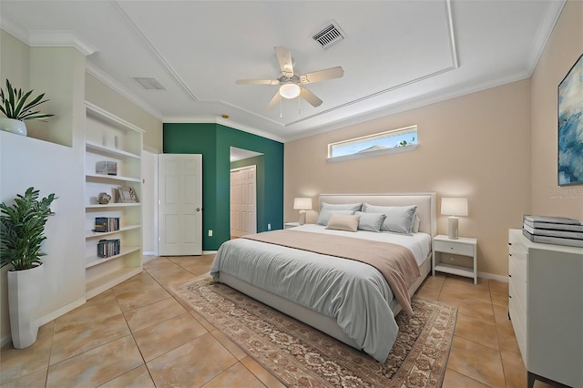 tiled bedroom featuring ceiling fan, a closet, and crown molding