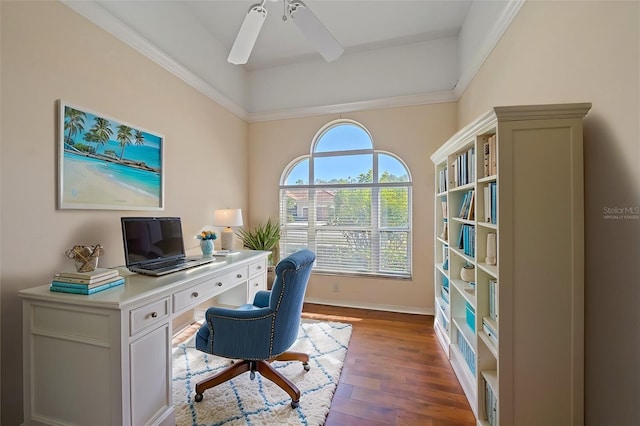 office space featuring ceiling fan, dark hardwood / wood-style floors, and ornamental molding