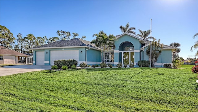 ranch-style home with a garage and a front lawn