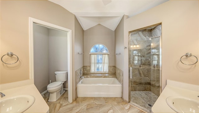 full bathroom featuring vanity, lofted ceiling, and toilet