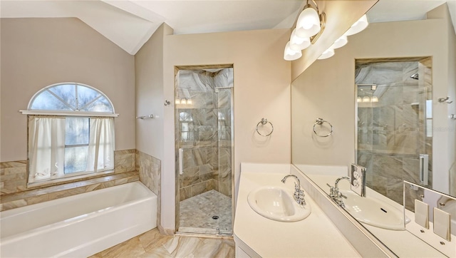 42 Marker Rd, Rotonda West, FL 33947 - full bath with a garden tub, a stall shower, vanity, and lofted ceiling