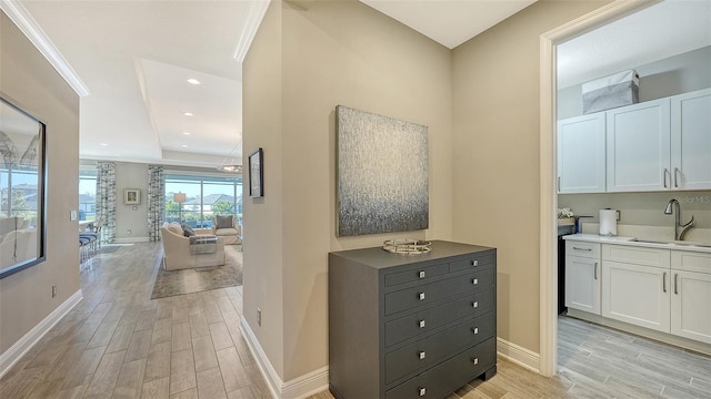 hall featuring a tray ceiling, sink, and ornamental molding