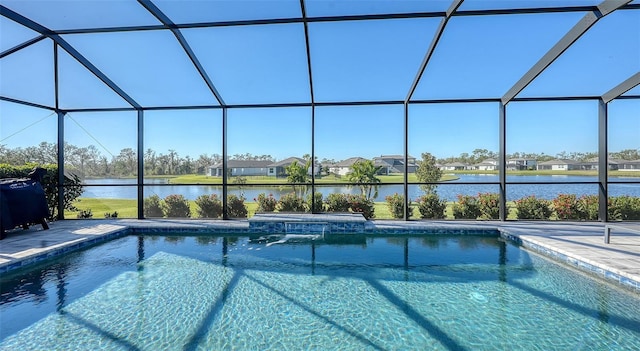 view of swimming pool featuring a water view and a lanai