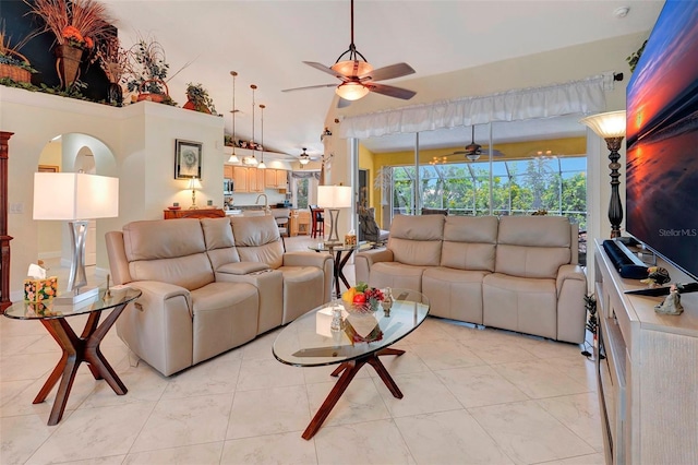 tiled living room featuring lofted ceiling