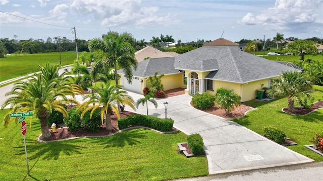 view of front of house featuring a front yard and a garage