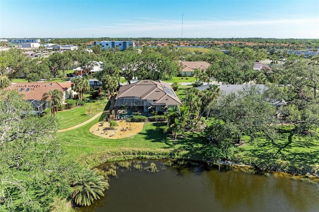 drone / aerial view with a water view