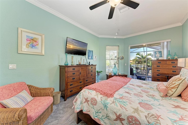 carpeted bedroom with access to exterior, ceiling fan, and ornamental molding