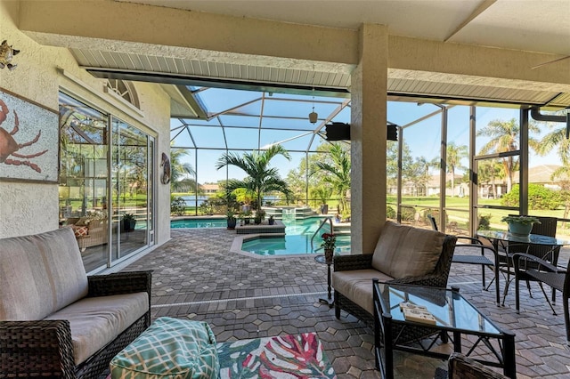 sunroom / solarium with a pool and plenty of natural light